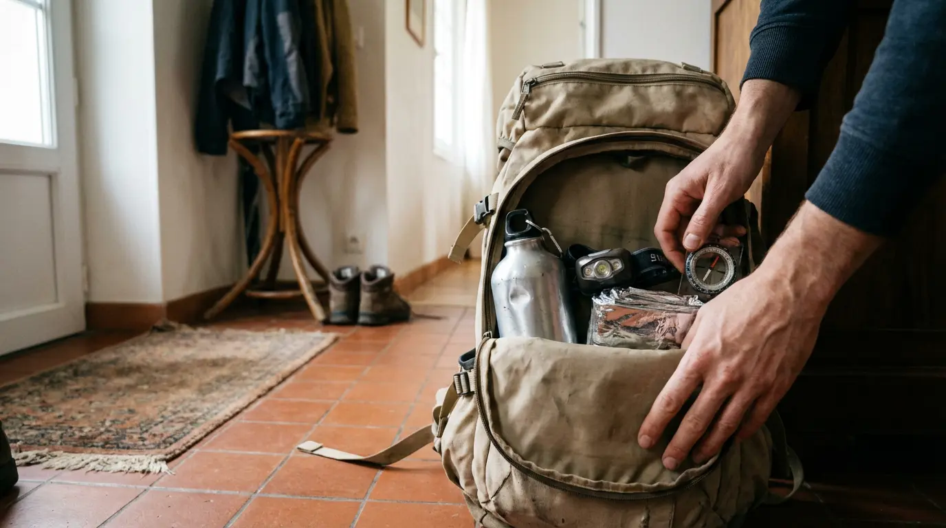 Sac d'évacuation ouvert avec équipements de survie dans une entrée de maison française